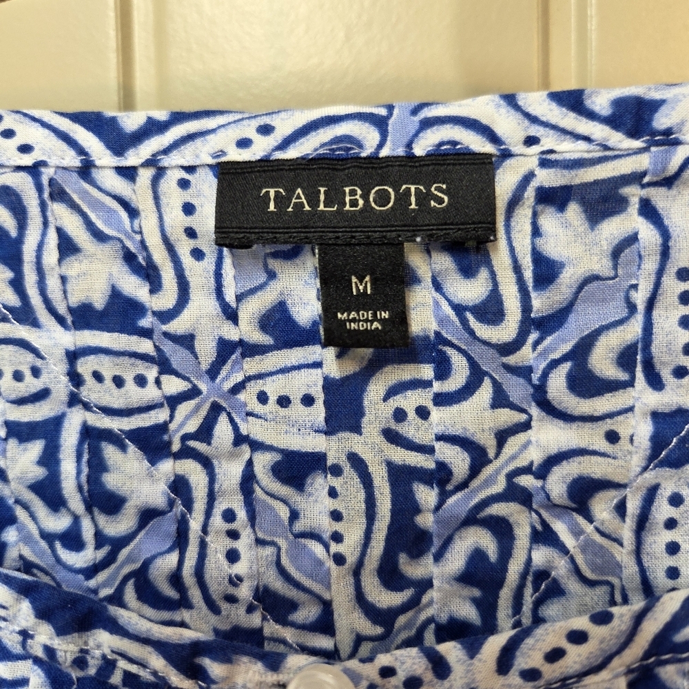 SOLD  Talbots Woman Medium Tunic Blouse Blue 3/4 Sleeve Button Front Boho Cotton - Picture 2 of 16